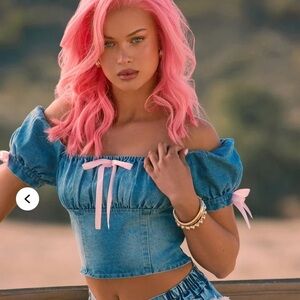 Fashion Nova Y2K Off-the-Shoulder Denim Top XL NWOT | Bow Detail